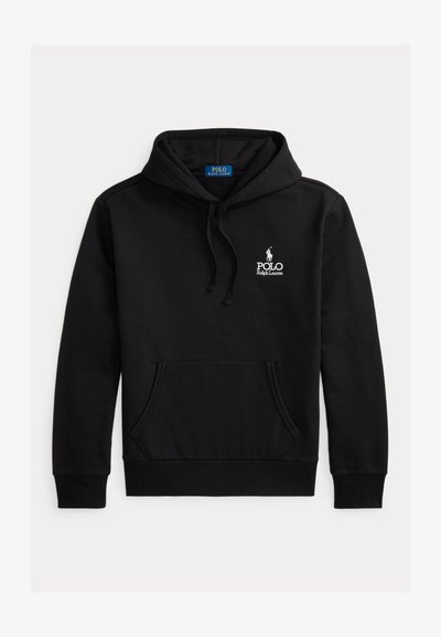 Fekete Polo Ralph Lauren kapucnis pulóver elülső zsebbel, húzózsinóros kapucnival és fehér logóval a bal mellrészen.