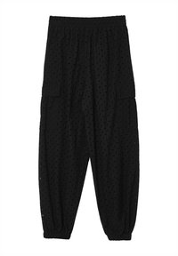 Pantalons légers noirs avec un motif texturé, taille élastique et poches latérales. Ouvertures de jambes fuselées avec des poignets froncés.
