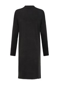 Longue robe noire en maille avec manches longues et col légèrement relevé, vue de dos sur fond blanc.
