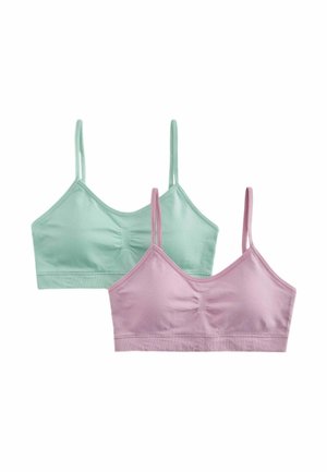 To bløde stoffriollet toppe med tynde stropper, en pastelgrøn bag en pastelpink, begge med let rynkning foran i midten.