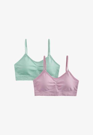 To bløde stoffriollet toppe med tynde stropper, en pastelgrøn bag en pastelpink, begge med let rynkning foran i midten.