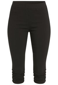 Černé zkrácené kalhoty s hladkou texturou, elastickým pasem a nařasenými lemy. Mají dvě boční kapsy a přiléhavý střih.