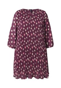 Lila, plissiertes Kleid mit drei Viertelärmeln, das mit einem floralen Muster in Pink, Weiß und Grün versehen ist. Weicher, leichter Stoff.