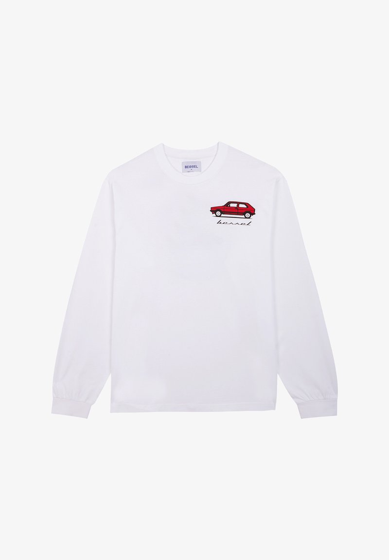 Camiseta de algodón blanca de manga larga con un gráfico de un coche rojo y el texto "bersel" en una fuente elegante en el área del pecho izquierdo.