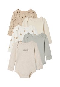 Set of five long-sleeve baby bodysuits in beige, cream, and green hues. Features polka dots and bear patterns, with a printed text detail.
