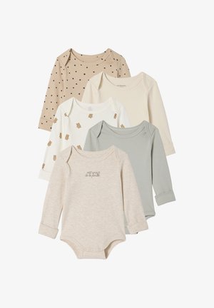 Set aus fünf Langarm-Babybodys in Beige-, Creme- und Grüntönen. Mit Punkten und Bärenmustern sowie einem bedruckten Textdetail.