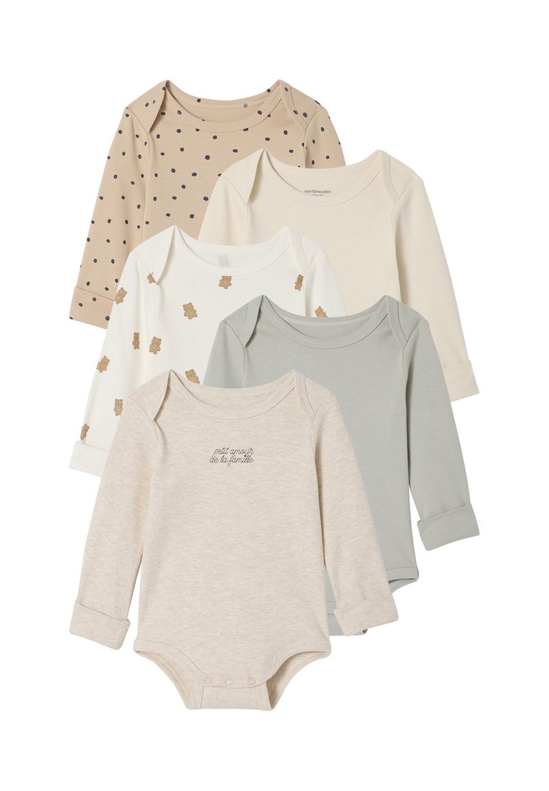 Set of five long-sleeve baby bodysuits in beige, cream, and green hues. Features polka dots and bear patterns, with a printed text detail.