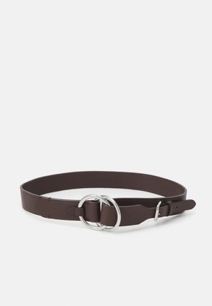 Dark brown leather belt with double silver circular buckle and adjustable strap on a white background.