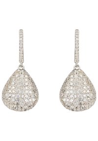 Silver-tone drop earrings featuring a teardrop shape, encrusted with clear crystals, and a textured, patterned surface for added detail.