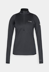 Fekete Columbia Titanium hosszú ujjú sportpulóver negyed zipzárral és Omni-Heat márkázással a bal ujjak mandzsettáján.