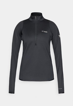 Schwarzer Columbia Titanium Langarm-Sportpullover mit Viertelreißverschluss und Omni-Heat-Branding am linken Ärmelbund.