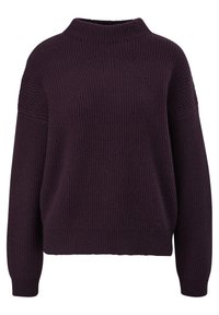 Pull en maille côtelée violet foncé avec manches longues, col rond et coupe légèrement décontractée.