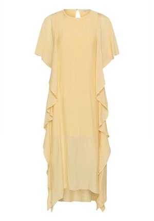 Svijetložuta midi haljina s kratkim lepršavim rukavima i padajućim volanima duž bokova, okrugli izrez s kopčanjem na gumb straga.