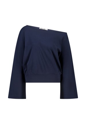 Navy blue cropped top with long sleeves, made of soft cotton fabric, featuring an off-the-shoulder neckline and a relaxed fit.