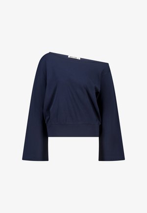 Marineblaues, kurzes Oberteil mit langen Ärmeln aus weichem Baumwollstoff, mit einem Ausschnitt über den Schultern und lockerer Passform.