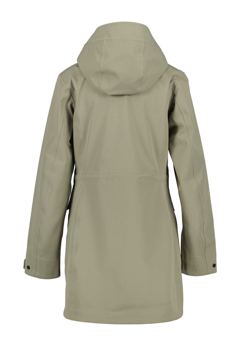 Wasserabweisende, olivgrüne Jacke mit Kapuze, die eine gerade Silhouette und knopfgeteilte Manschetten aufweist. Glatte Textur und minimalistisches Design.