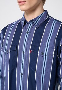 Camicia a righe blu navy e azzurro chiaro con due tasche sul petto, strisce bianche a contrasto e bottoni scuri. Tessuto resistente.