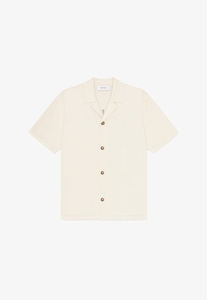 Korte mouw overhemd in lichtbeige stof met een knopenpartij aan de voorkant en een puntige kraag. Heeft bruine knopen en een ontwerp met een ontspannen pasvorm.