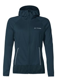 Giacca leggera di un verde scuro con chiusura a zip, cappuccio regolabile, due tasche laterali e dettagli riflettenti. Tessuto testurizzato e design ergonomico.