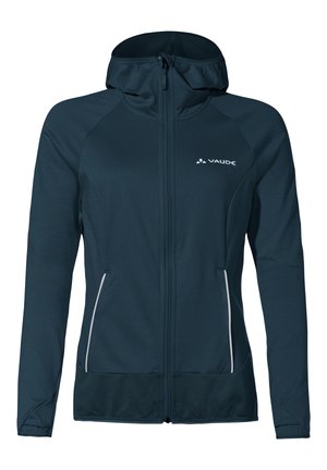 Donker teal lichtgewicht jack met rits aan de voorkant, verstelbare capuchon, twee zijzakken en reflecterende accenten. Textuurstof en ergonomisch ontwerp.