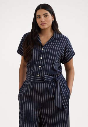 STRIPED BELTED TWILL WIDE-LEG JUMPSUIT - Jumpsuit - shadow navy/white