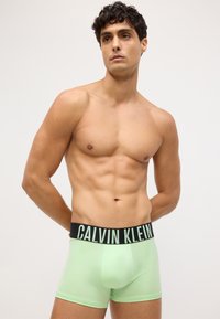 Boxeri din bumbac verde, cu un elastic negru în talie pe care este inscripționat logo-ul "Calvin Klein". Textură netedă, design ajustat cu o acoperire minimă.