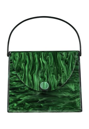 Grøn marmorized rektangulær håndtaske med en rundet klap og et enkelt sort håndtag på hvid baggrund.
