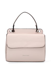 Sac à main en cuir rose clair avec un design structuré, une anse supérieure et une fermeture à rabat. Présente des accents argentés et un bord noir.