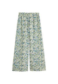 Floral wide-leg pants made of lightweight fabric featuring a green and blue flower pattern on a white background. Elastic waistband.