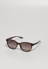 Lunettes de soleil écaille de tortue avec une monture ronde et des verres dégradés. Elles présentent des branches fines avec un discret détail de logo.