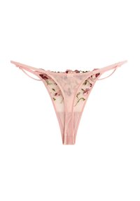 Lyserød trusse med blomsterbroderi, der har en gennemsigtig mesh-bag og tynde stropper. Blødt stof med delikat blondekant langs taljen.