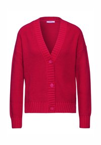 Punainen neulotun neulejakun, jossa on ribbitoitu pinta, syvä V-pääntie ja viisi samansävyistä vaaleanpunaista nappia edess�ä. Pitkät hihat ja tasainen väri.