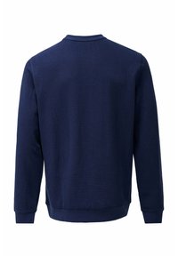 Sudadera de color azul marino con cuello redondo, mangas largas, puños y dobladillo acanalados. Tejido texturizado con un color sólido, diseño simple.