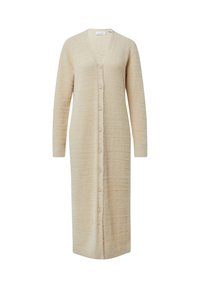 Cardigan lungo beige realizzato in tessuto testurizzato con scollo a V, maniche lunghe e sette bottoni frontali.