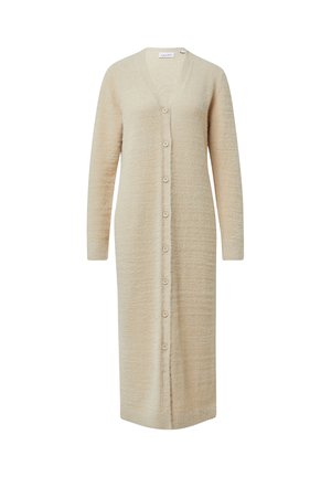 Cardigan lungo beige realizzato in tessuto testurizzato con scollo a V, maniche lunghe e sette bottoni frontali.