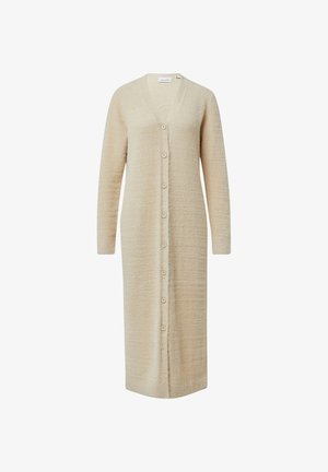 Cardigan lungo beige realizzato in tessuto testurizzato con scollo a V, maniche lunghe e sette bottoni frontali.