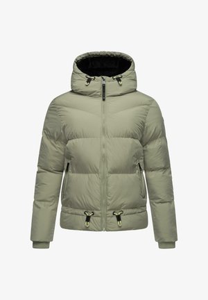 Pufasta jakna u svijetlo maslinastoj boji, s kapuljačom, zatvaračem sprijeda, elastičnim rukavima i podešavanjem uz rub i kapuljaču.