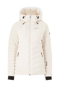 Funky hvid jakke med hætte, lynl�åslukning og snore. Har sorte detaljer på ærmerne og lynlåslommer foran.