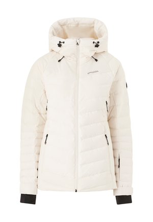 Chaqueta blanca acolchada con capucha, cierre de cremallera y cordones. Presenta acentos negros en los puños y bolsillos con cremallera en la parte delantera.