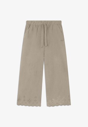 Pantalones de pierna ancha beige con cinturilla elástica, cordón, bolsillos laterales y dobladillo en forma de ola que presenta recortes de ocular floral.