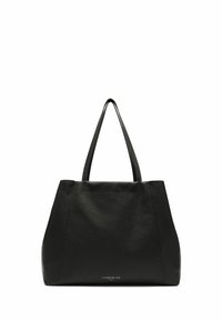 Schwarze Leder-Tote mit strukturierten Oberflächen, langen Griffen und geräumigem Design. Verfügt über ein dezentes Branding an der Unterseite.