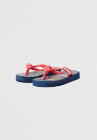Flip-flops with a navy blue sole, red rubber straps, and a patterned insole featuring colorful graphics. Lightweight foam material.
