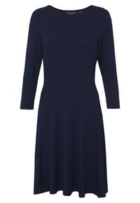 Robe bleu marine longueur genou avec manches trois-quarts et taille cintrée, avec un col rond.