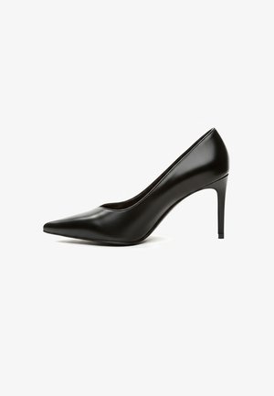 Schwarzer High-Heel-Schuh aus Leder mit spitzer Zehenpartie, glatter Textur und elegantem Stilettabsatz, mit minimalistischer Gestaltung.