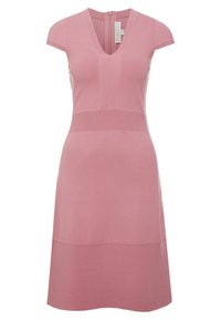 Robe rose à manches courtes pétales, encolure en V, avec des rayures horizontales texturées à la taille et à l'ourlet. Tissu tricoté lisse. Fermeture éclair au dos.