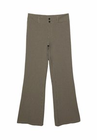 Hoge taille brede damesbroeken met een klein zwart-beige geruit patroon en twee zwarte knopen op de tailleband.