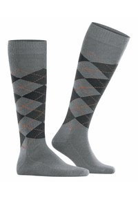 Calze grigie al ginocchio con un motivo a diamante in grigio scuro e dettagli arancioni. Realizzate in un materiale morbido ed elasticizzato per il massimo comfort e vestibilità.