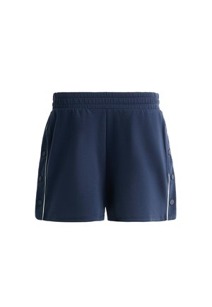 Marineblaue Sportshorts aus glattem Material, mit einem dehnbaren Bund und Druckknopf-Details an der Seite, versehen mit weißem Piping.