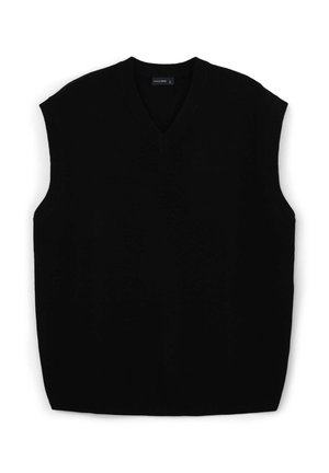 Black sleeveless knit sweater with a V-neck design, featuring ribbed edges at the neckline and hem, smooth texture, and no patterns.
