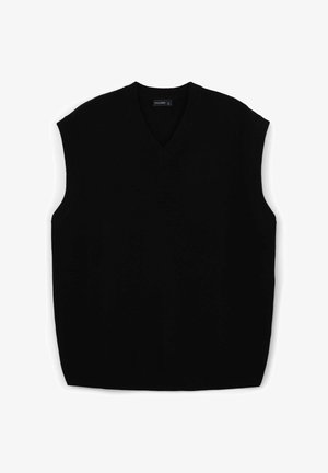 Schwarzer ärmelloser Strickpullover mit V-Ausschnitt-Design, mit gerippten Kanten am Hals- und Saum, glatter Textur und ohne Muster.